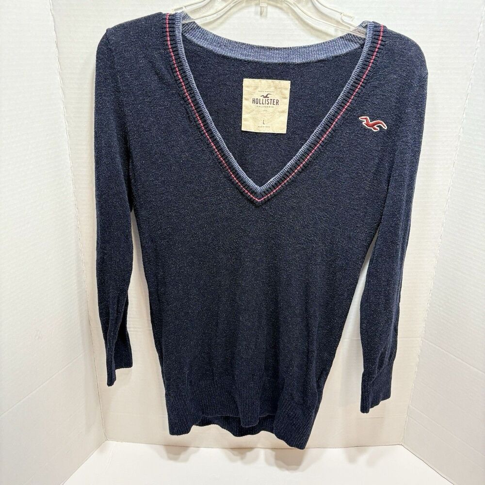 Hollister Y2K Navy V-Neck Sweater Red Striped Trim Preppy Bella Swan Core L